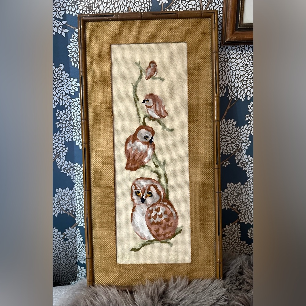 Vintage Framed Owl Needlepoint Art In Original Frame